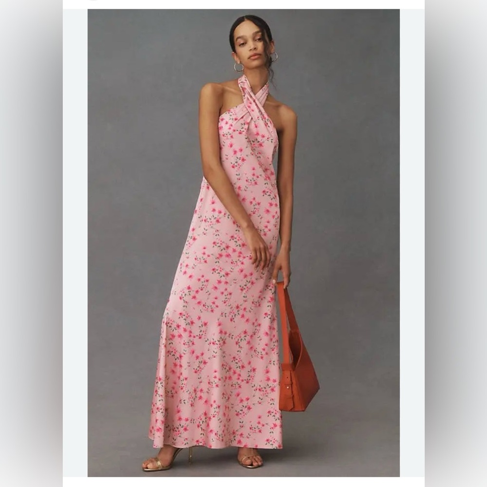 BHLDN Anthropologie Ruby Twist Halter Satin Pink Floral Gown NEW Size 14